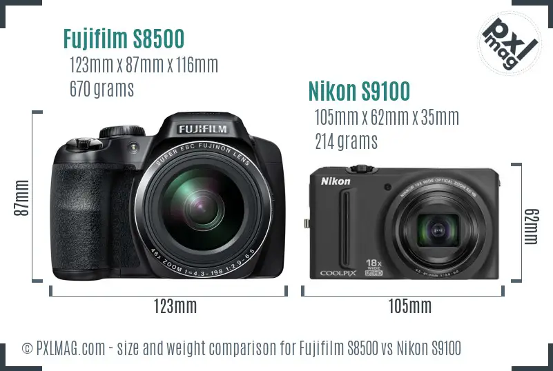 Fujifilm S8500 vs Nikon S9100 size comparison