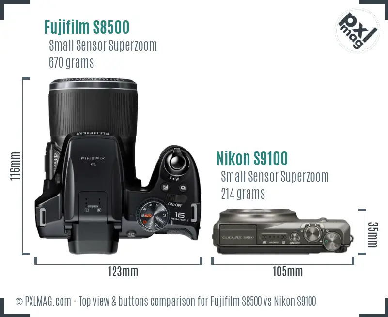 Fujifilm S8500 vs Nikon S9100 top view buttons comparison