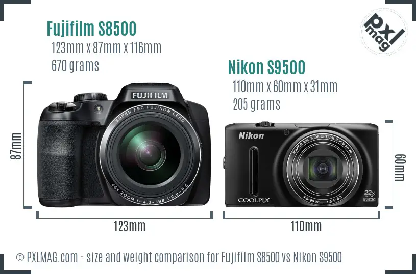 Fujifilm S8500 vs Nikon S9500 size comparison