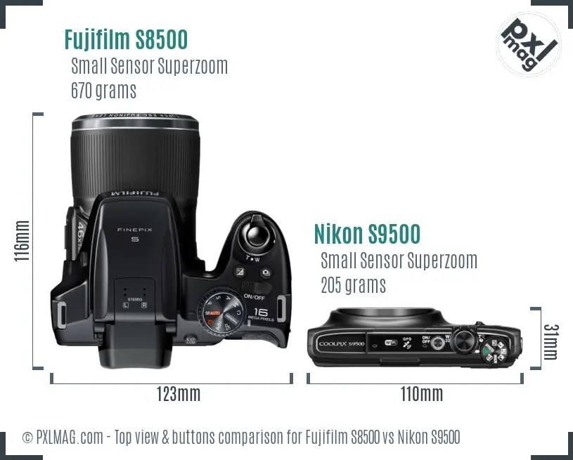 Fujifilm S8500 vs Nikon S9500 top view buttons comparison