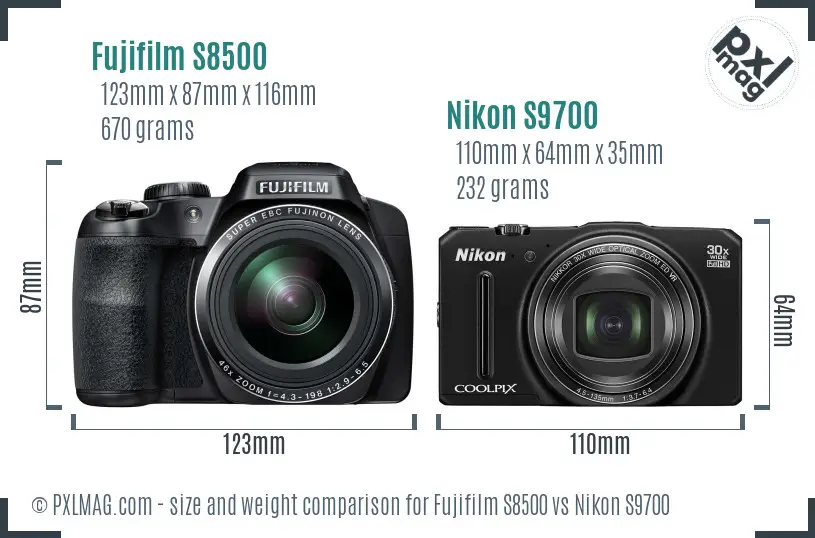 Fujifilm S8500 vs Nikon S9700 size comparison