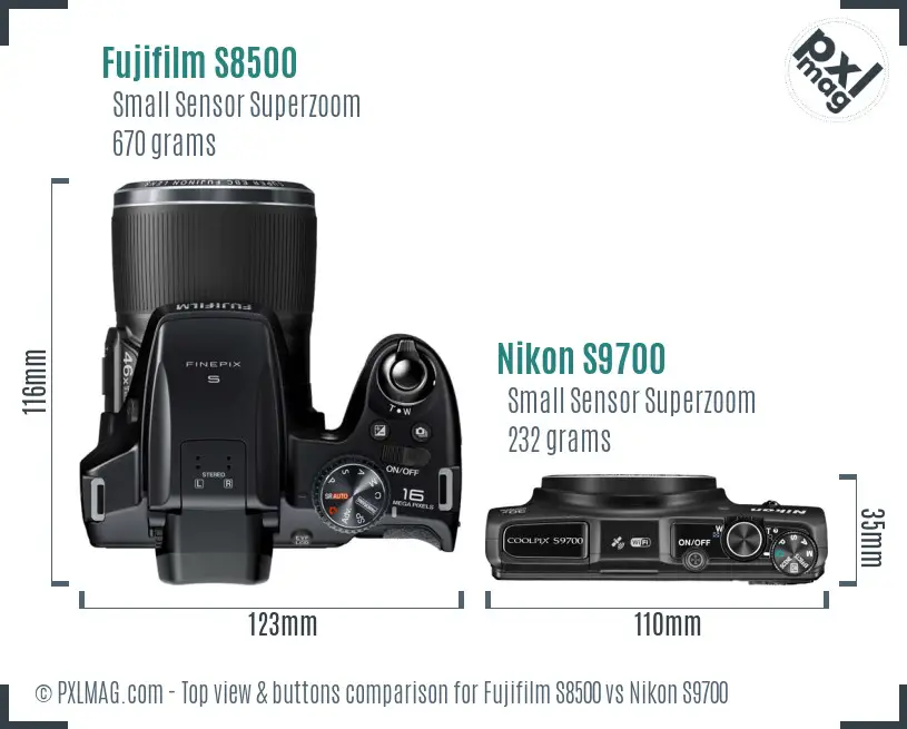 Fujifilm S8500 vs Nikon S9700 top view buttons comparison