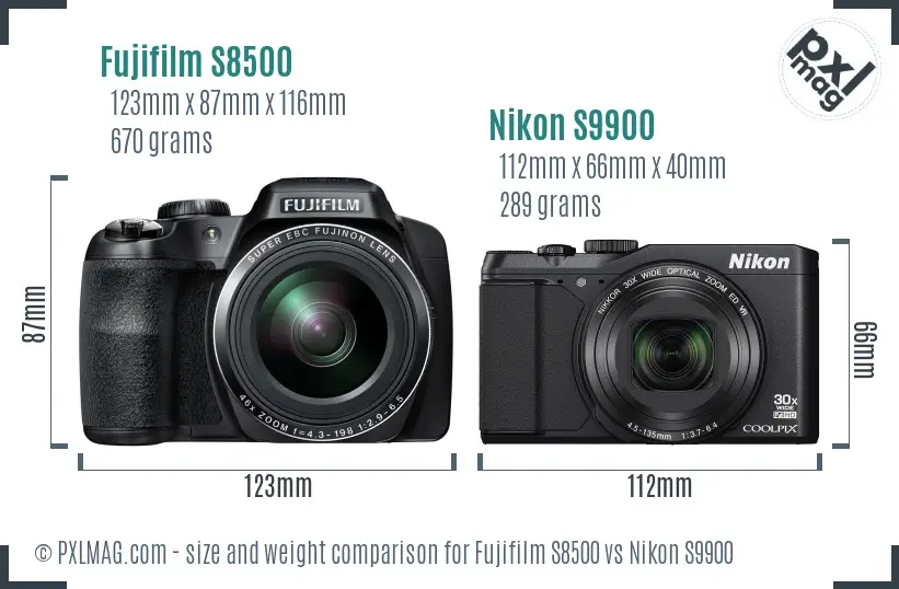 Fujifilm S8500 vs Nikon S9900 size comparison