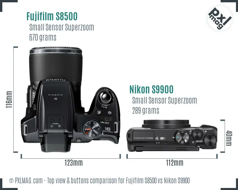Fujifilm S8500 vs Nikon S9900 top view buttons comparison