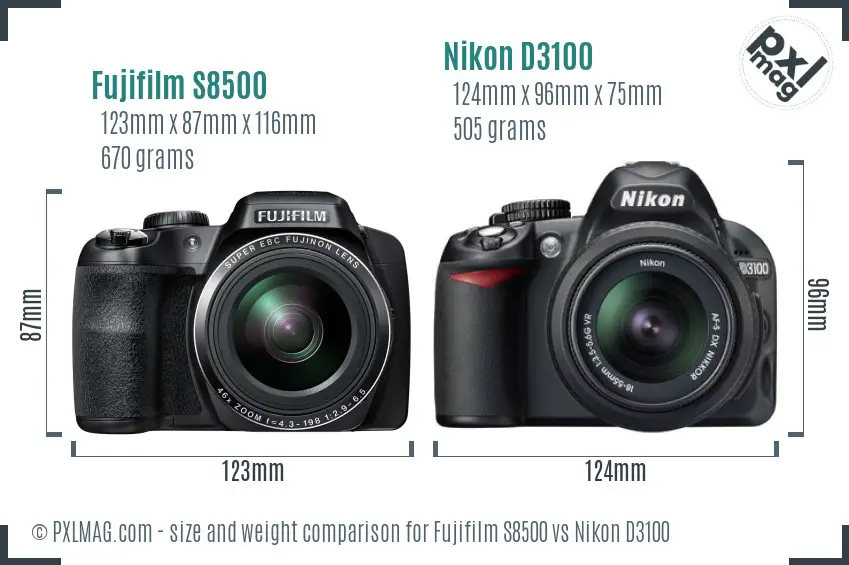Fujifilm S8500 vs Nikon D3100 size comparison