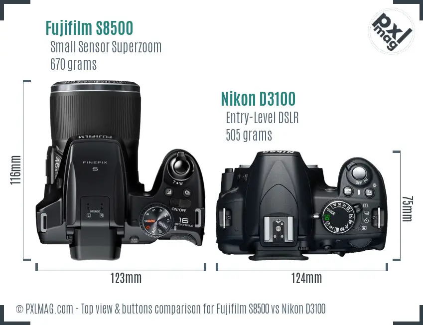 Fujifilm S8500 vs Nikon D3100 top view buttons comparison