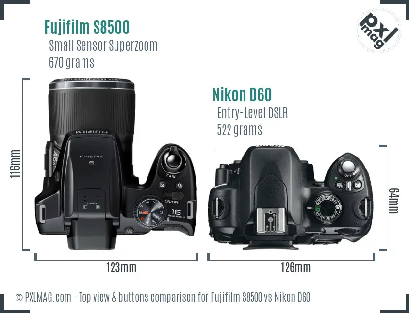 Fujifilm S8500 vs Nikon D60 top view buttons comparison