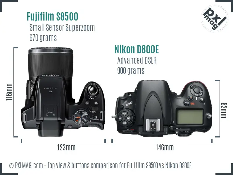 Fujifilm S8500 vs Nikon D800E top view buttons comparison