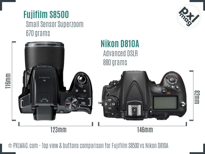 Fujifilm S8500 vs Nikon D810A top view buttons comparison