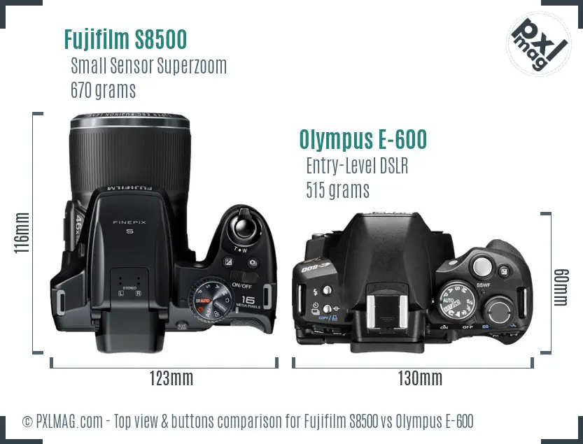 Fujifilm S8500 vs Olympus E-600 top view buttons comparison