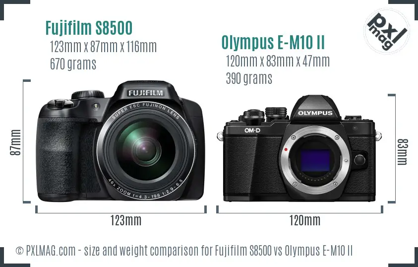 Fujifilm S8500 vs Olympus E-M10 II size comparison