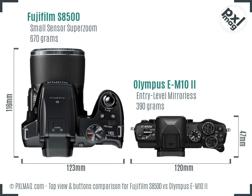 Fujifilm S8500 vs Olympus E-M10 II top view buttons comparison