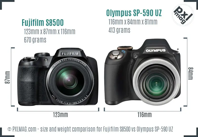 Fujifilm S8500 vs Olympus SP-590 UZ size comparison