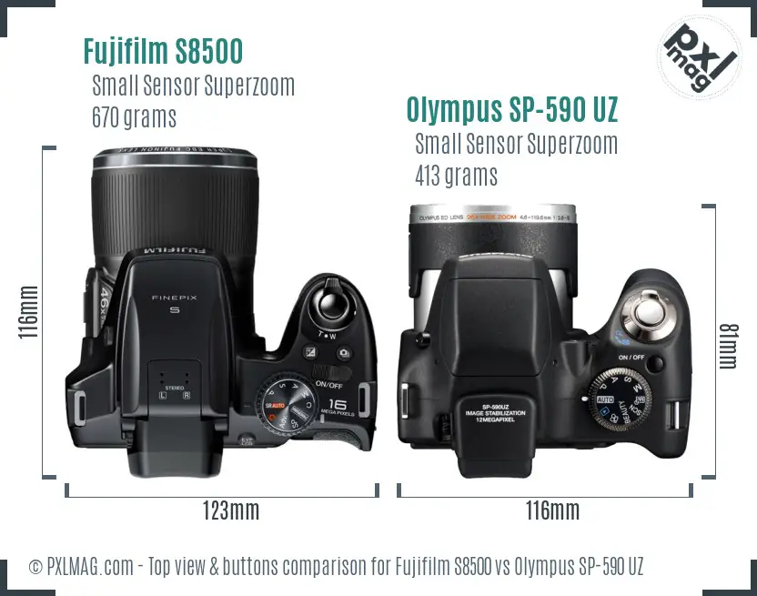 Fujifilm S8500 vs Olympus SP-590 UZ top view buttons comparison