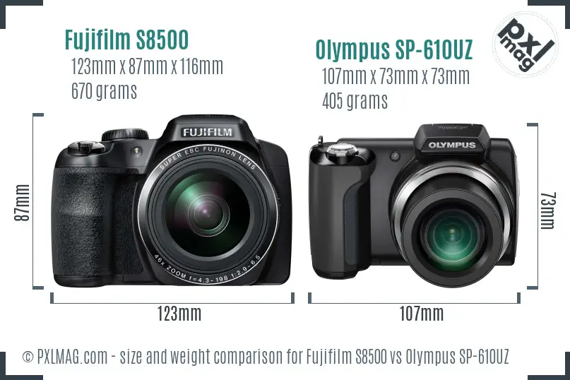 Fujifilm S8500 vs Olympus SP-610UZ size comparison Fujifilm S8500 vs Olympus SP-610UZ size comparison