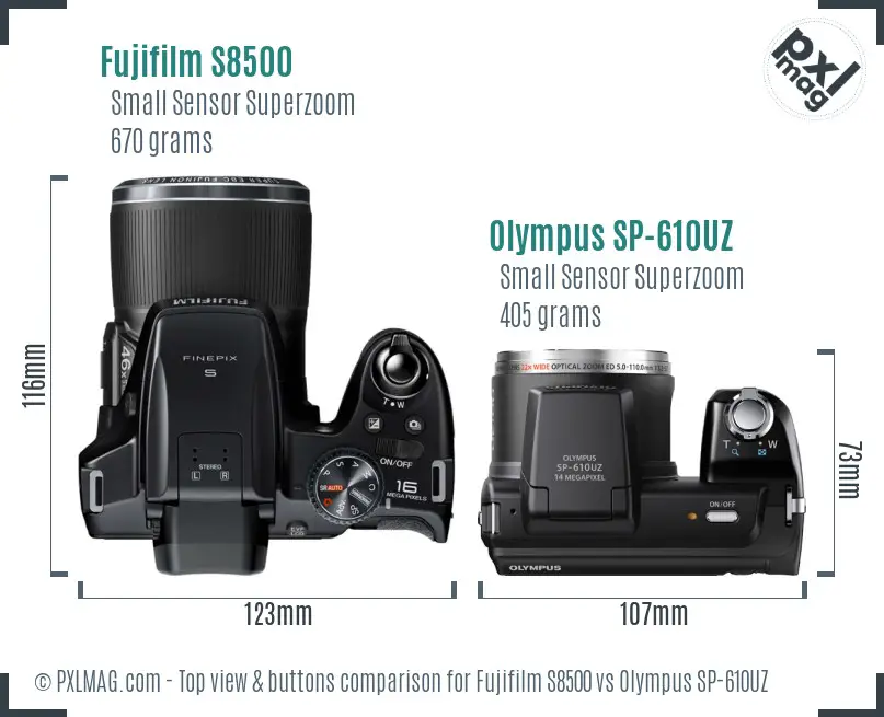 Fujifilm S8500 vs Olympus SP-610UZ top view buttons comparison Fujifilm S8500 vs Olympus SP-610UZ top view buttons comparison