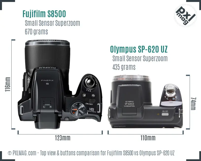 Fujifilm S8500 vs Olympus SP-620 UZ top view buttons comparison