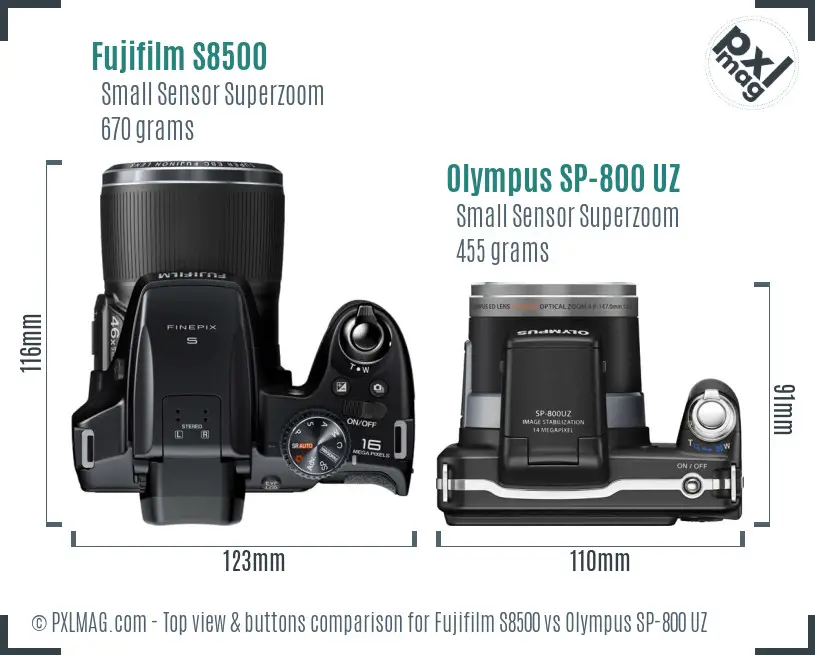 Fujifilm S8500 vs Olympus SP-800 UZ top view buttons comparison
