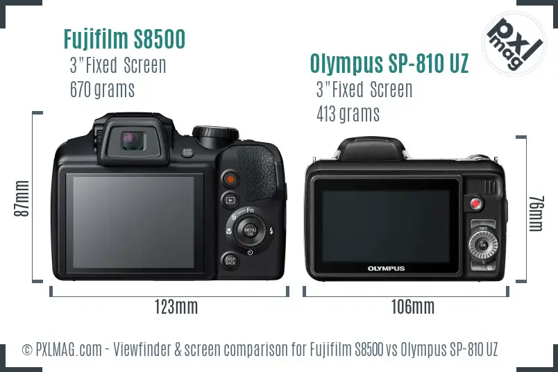 Fujifilm S8500 vs Olympus SP-810 UZ Screen and Viewfinder comparison