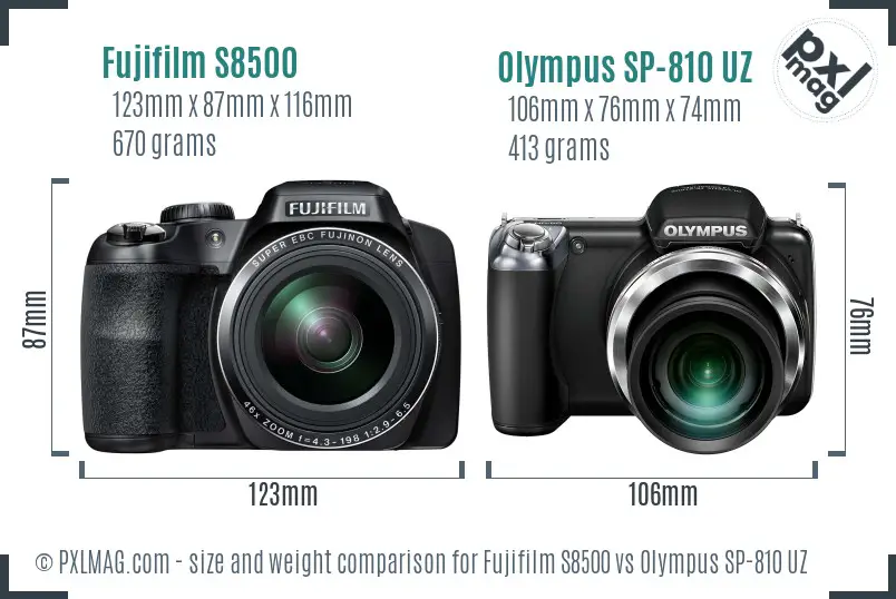 Fujifilm S8500 vs Olympus SP-810 UZ size comparison