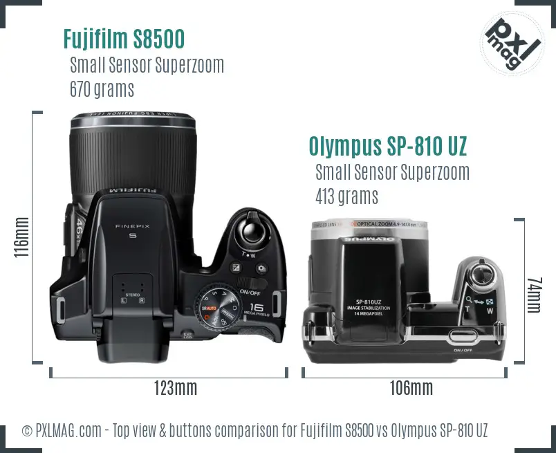 Fujifilm S8500 vs Olympus SP-810 UZ top view buttons comparison