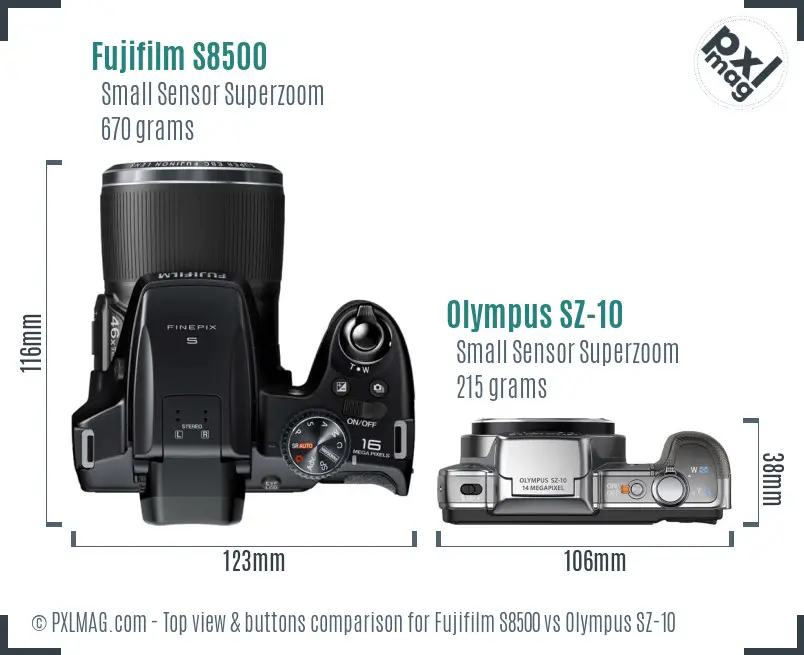 Fujifilm S8500 vs Olympus SZ-10 top view buttons comparison