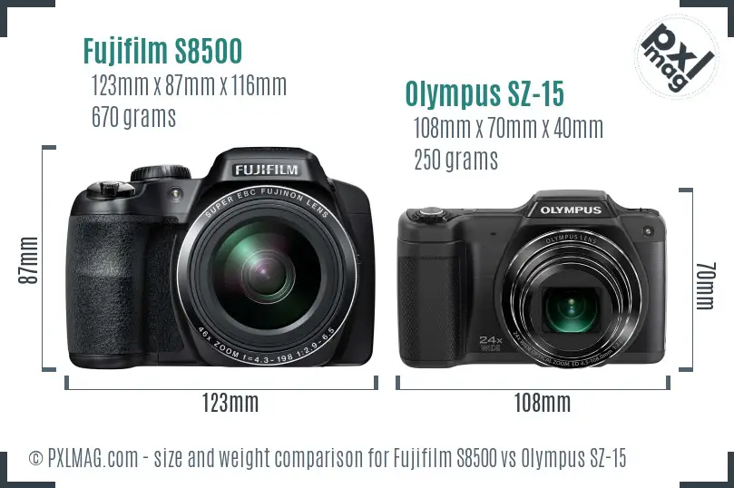 Fujifilm S8500 vs Olympus SZ-15 size comparison