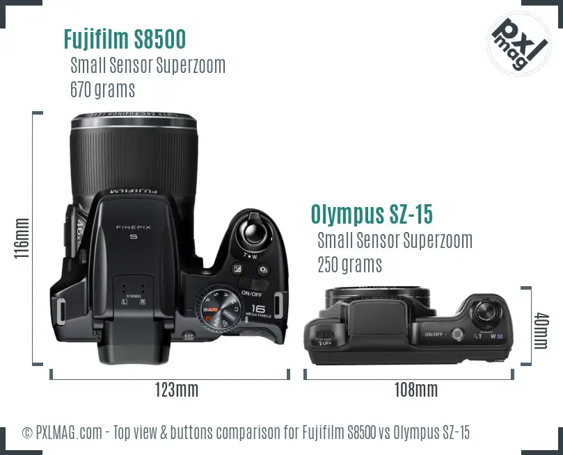 Fujifilm S8500 vs Olympus SZ-15 top view buttons comparison