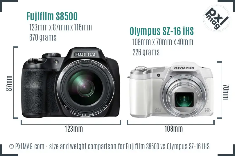 Fujifilm S8500 vs Olympus SZ-16 iHS size comparison