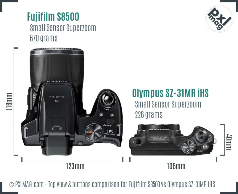 Fujifilm S8500 vs Olympus SZ-31MR iHS top view buttons comparison