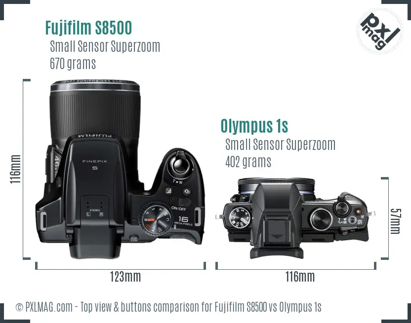 Fujifilm S8500 vs Olympus 1s top view buttons comparison