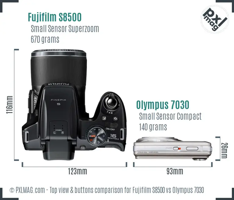 Fujifilm S8500 vs Olympus 7030 top view buttons comparison