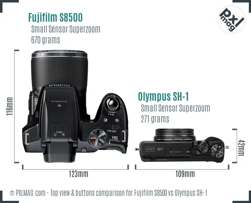 Fujifilm S8500 vs Olympus SH-1 top view buttons comparison