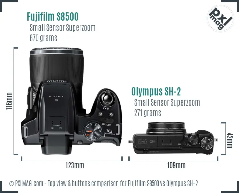 Fujifilm S8500 vs Olympus SH-2 top view buttons comparison