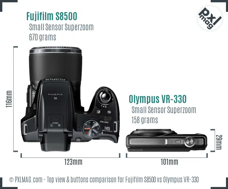 Fujifilm S8500 vs Olympus VR-330 top view buttons comparison