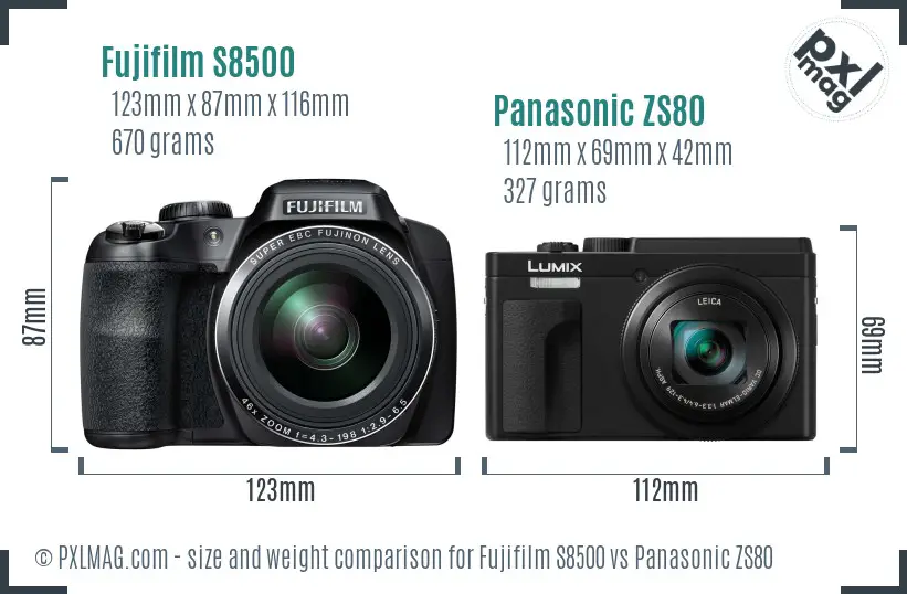 Fujifilm S8500 vs Panasonic ZS80 size comparison