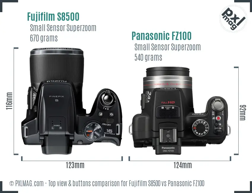 Fujifilm S8500 vs Panasonic FZ100 top view buttons comparison