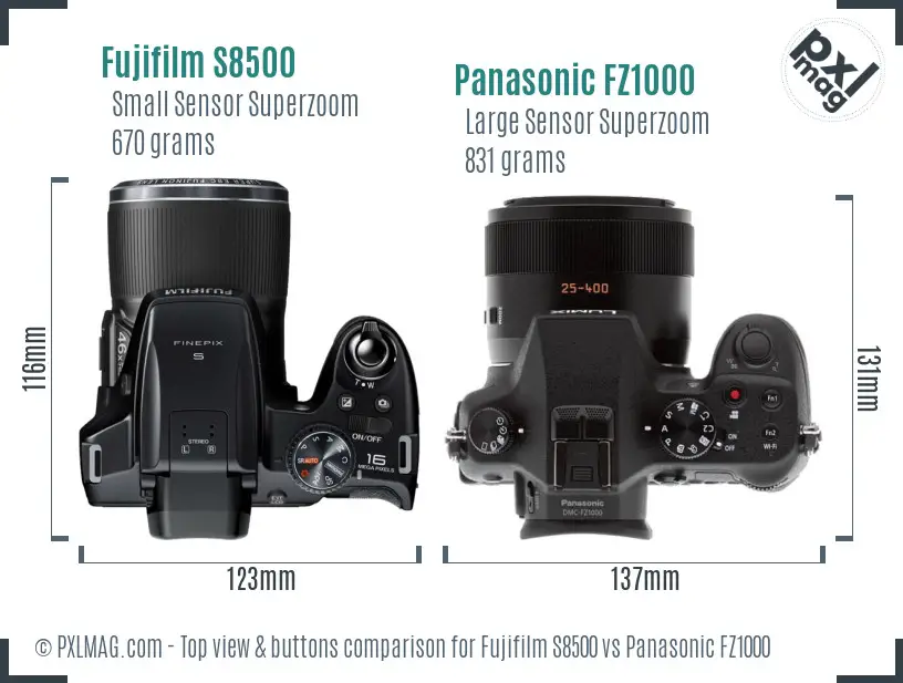 Fujifilm S8500 vs Panasonic FZ1000 top view buttons comparison Fujifilm S8500 vs Panasonic FZ1000 top view buttons comparison