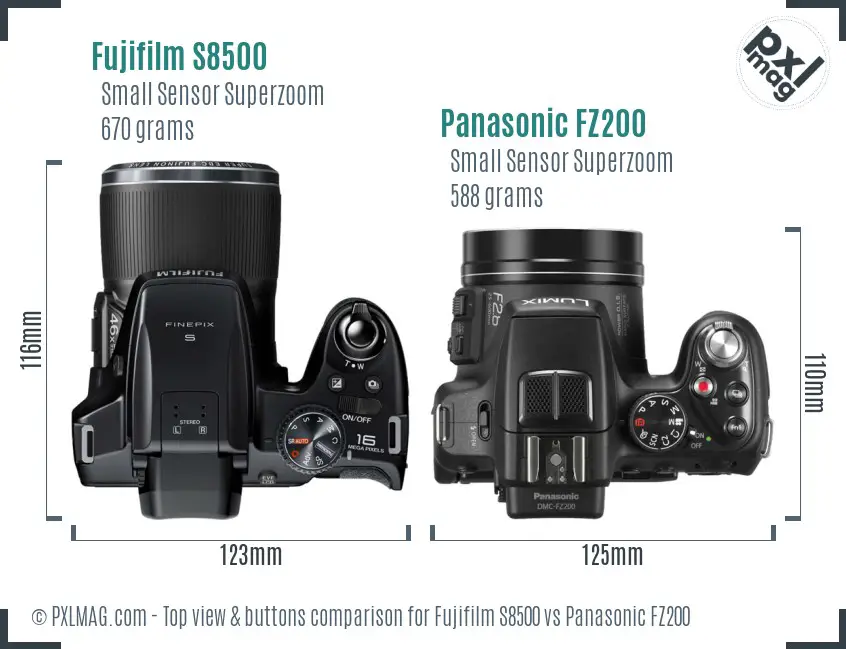 Fujifilm S8500 vs Panasonic FZ200 top view buttons comparison