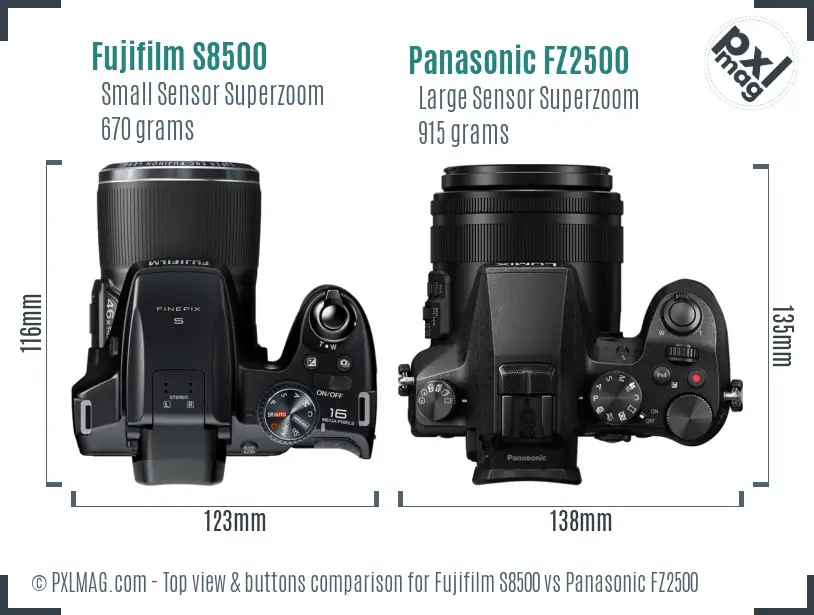 Fujifilm S8500 vs Panasonic FZ2500 top view buttons comparison