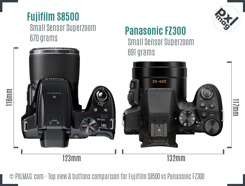 Fujifilm S8500 vs Panasonic FZ300 top view buttons comparison