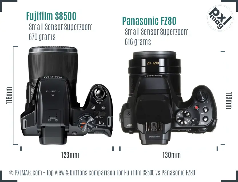 Fujifilm S8500 vs Panasonic FZ80 top view buttons comparison