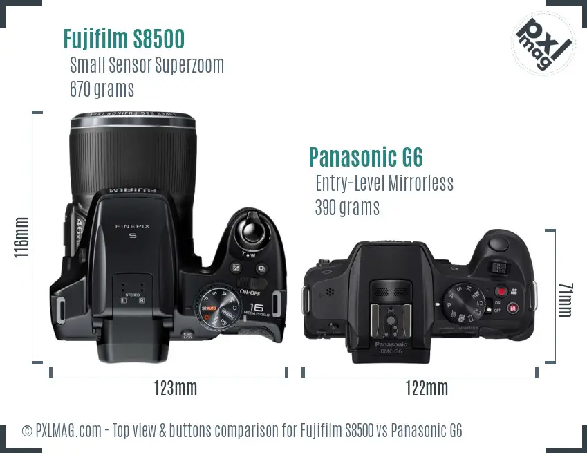 Fujifilm S8500 vs Panasonic G6 top view buttons comparison