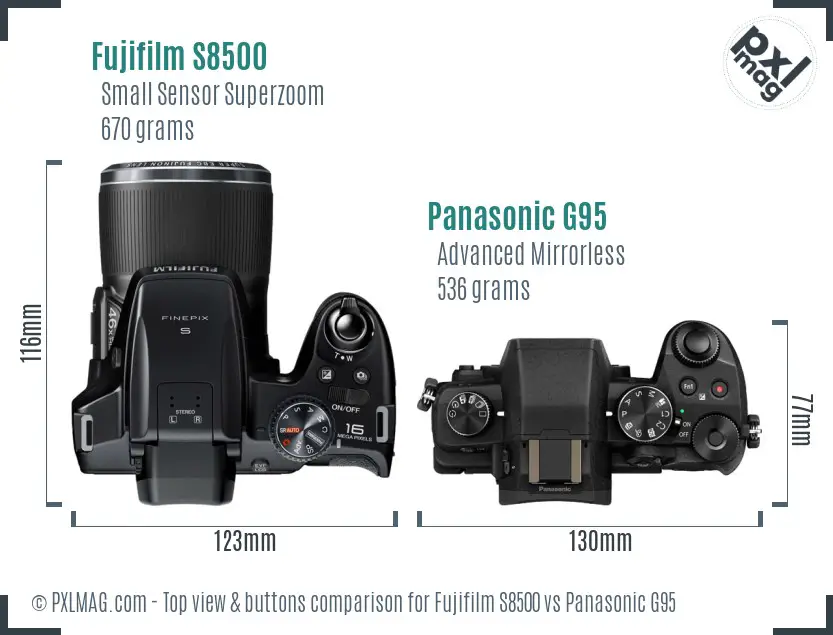 Fujifilm S8500 vs Panasonic G95 top view buttons comparison