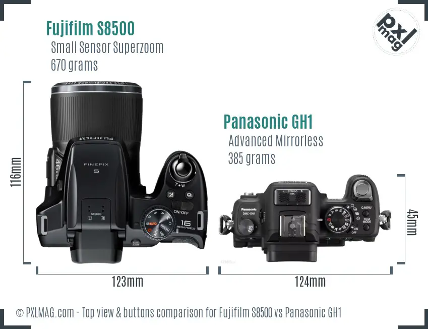 Fujifilm S8500 vs Panasonic GH1 top view buttons comparison