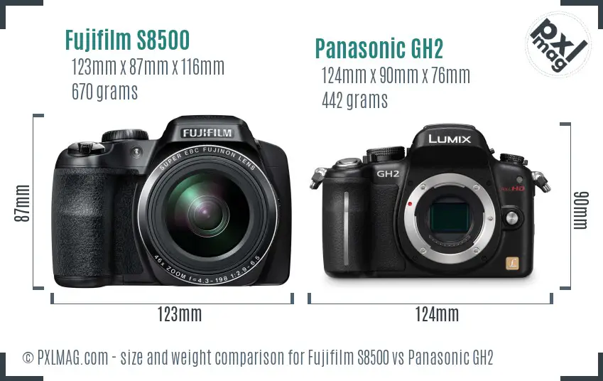 Fujifilm S8500 vs Panasonic GH2 size comparison