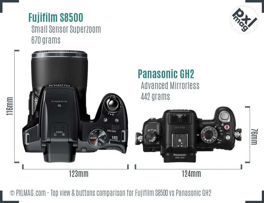 Fujifilm S8500 vs Panasonic GH2 top view buttons comparison