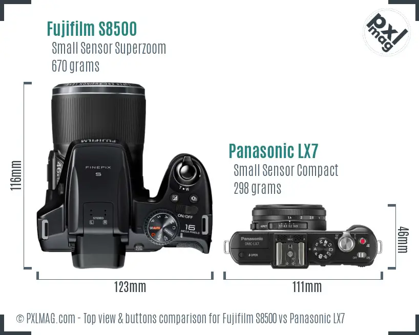 Fujifilm S8500 vs Panasonic LX7 top view buttons comparison