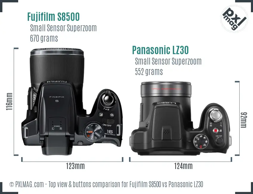 Fujifilm S8500 vs Panasonic LZ30 top view buttons comparison