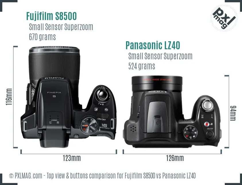 Fujifilm S8500 vs Panasonic LZ40 top view buttons comparison Fujifilm S8500 vs Panasonic LZ40 top view buttons comparison